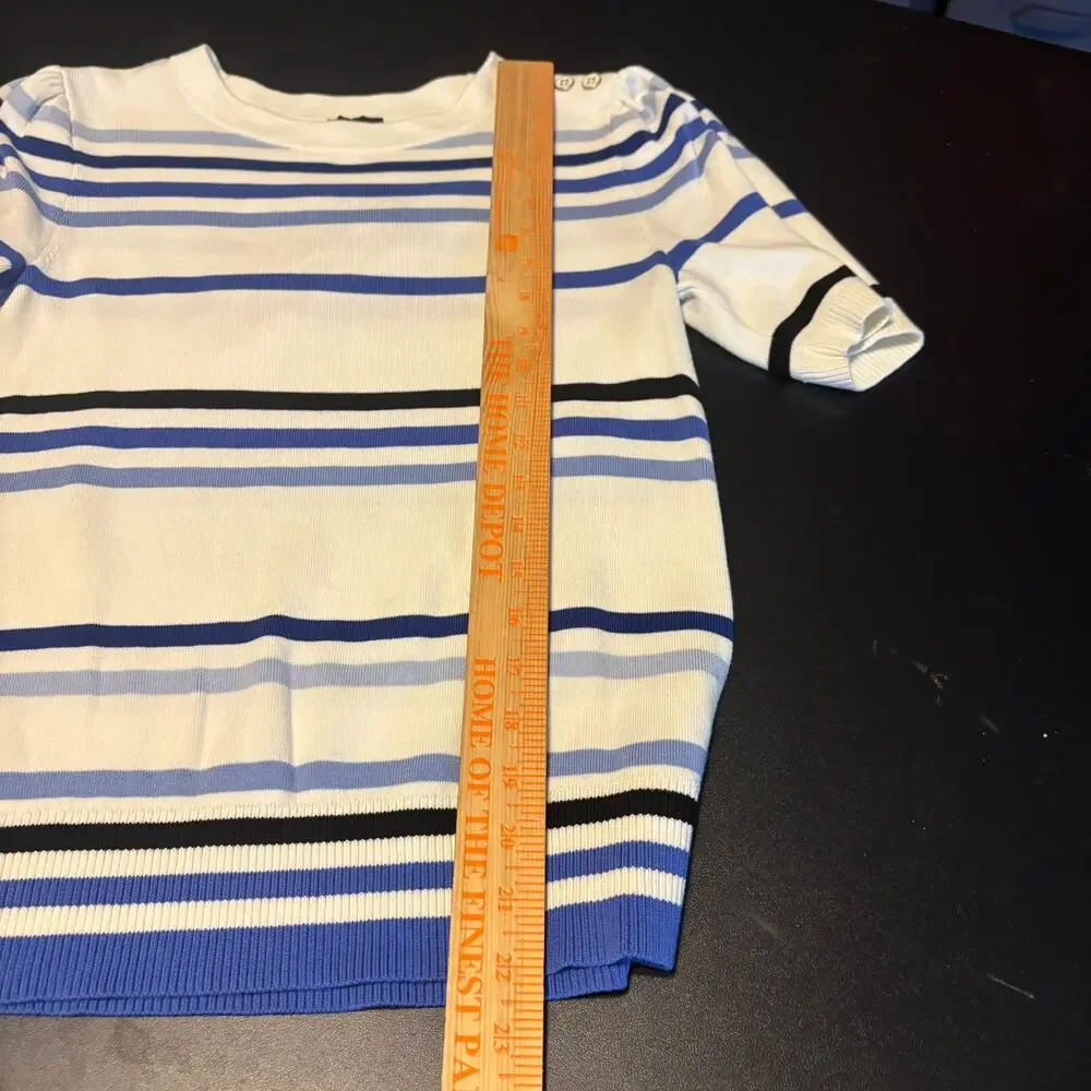 Talbots Womens Small  Pullover Sweater Short Puff Sleeve Blue White Stripe Retro